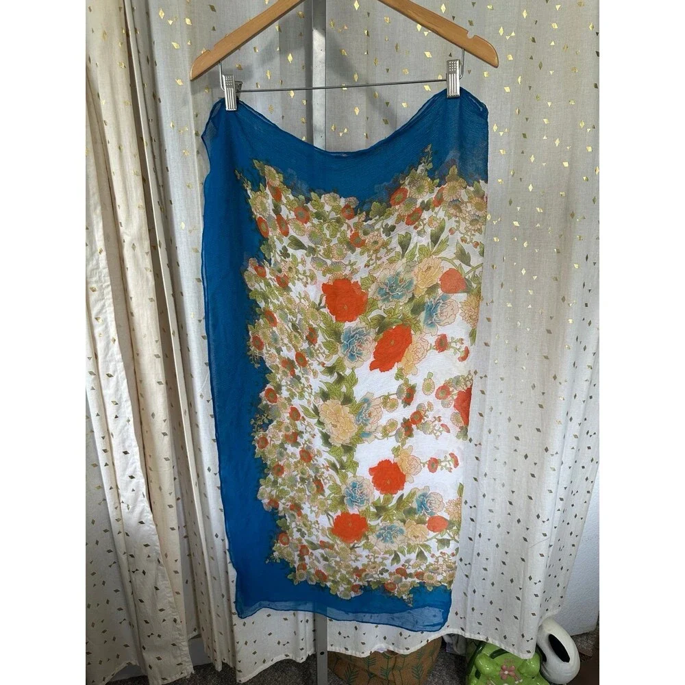 Vintage Chiffon Silk Like Asian Inspired Floral Scarf Head Wrap One Size